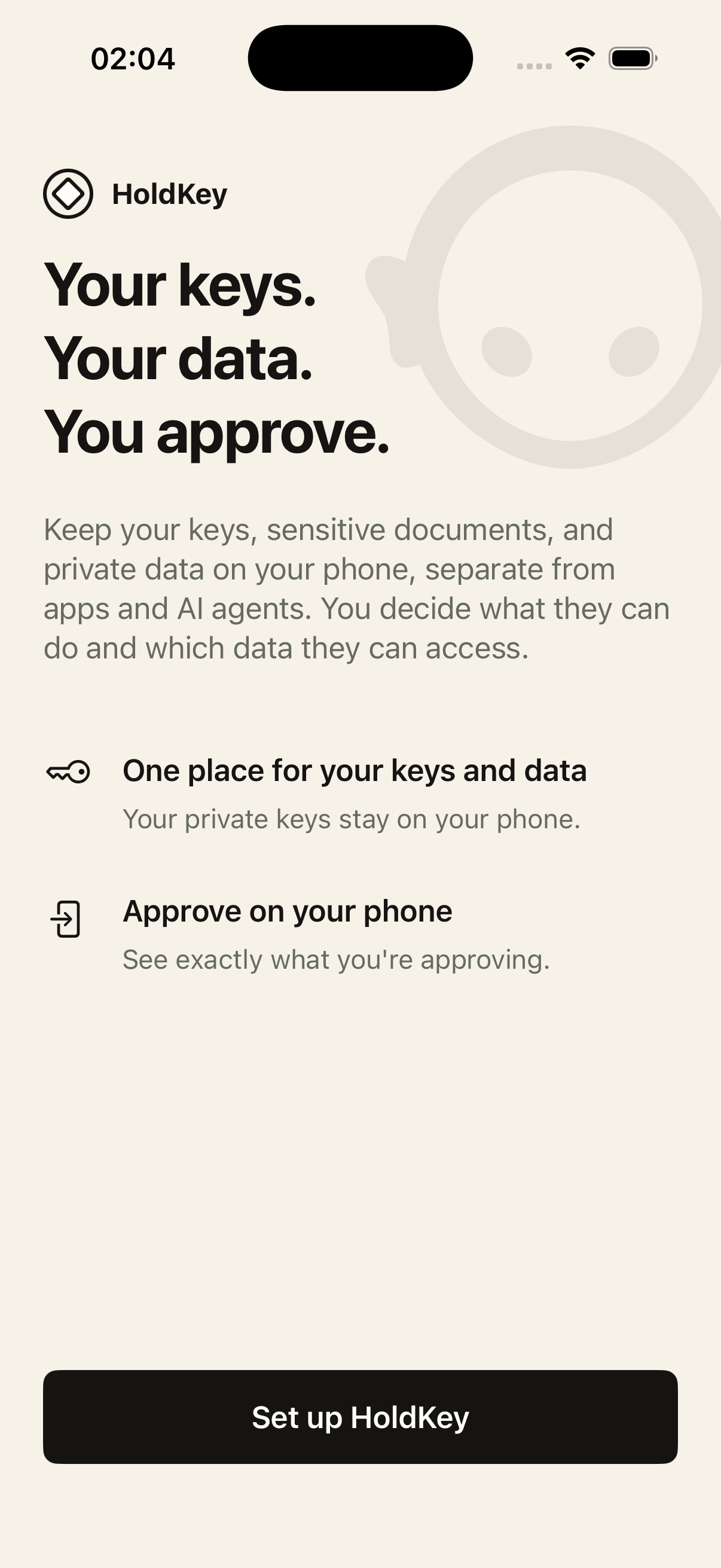 Light-background HoldKey iPhone onboarding design prototype: Your keys. Your data. You approve.
